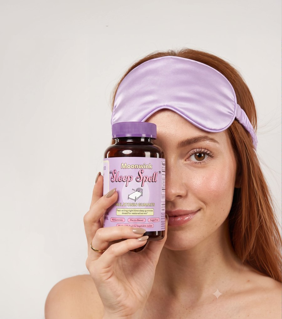 A woman wearing a Moonwink silk eye mask holding a bottle of Sleep Spell