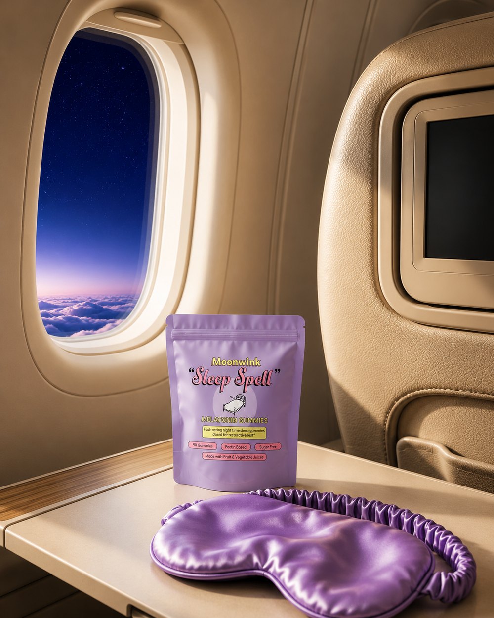 Sleep Spell travel pack and silk eye mask on an airplane tray