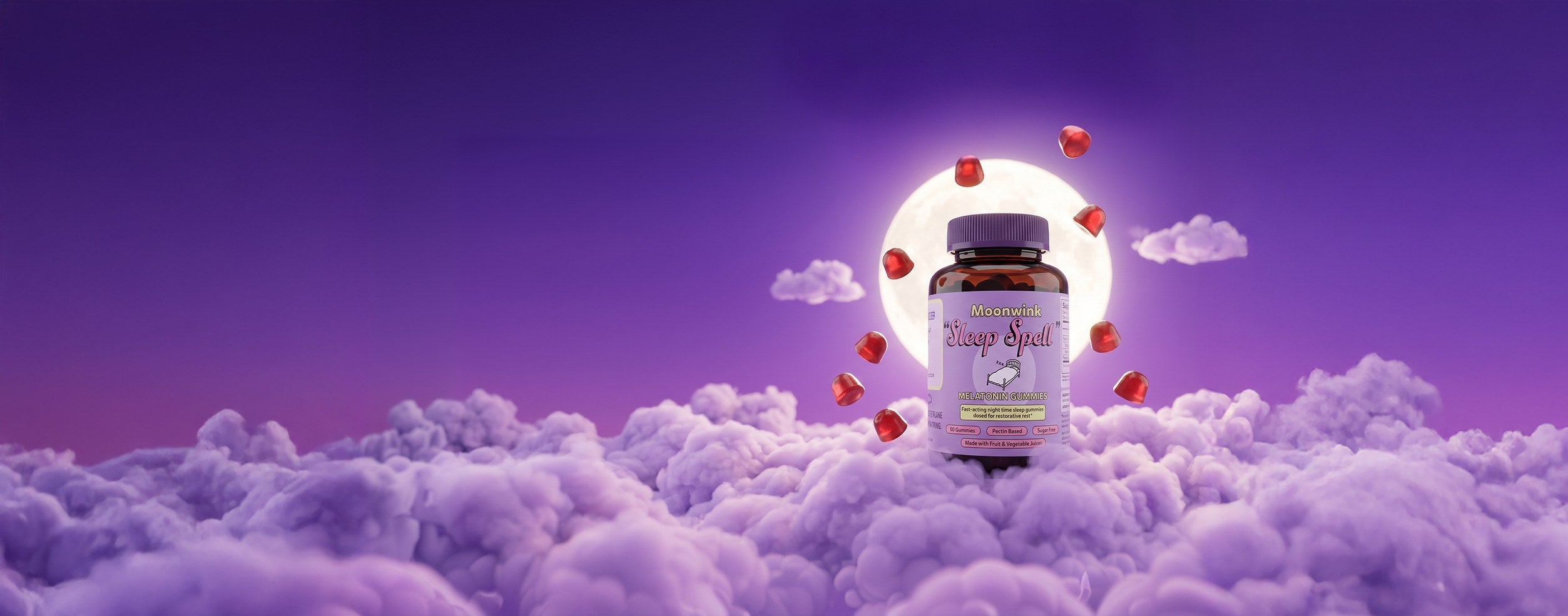 Moonwink Sleep Spell melatonin gummies bottle in a moonlit night sky
