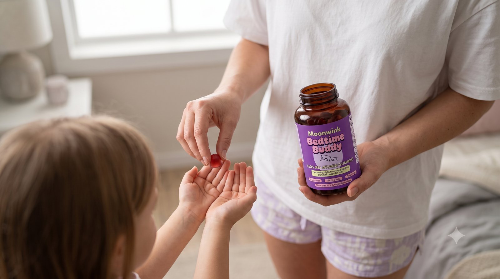 A parent handing a Moonwink gummy to their child